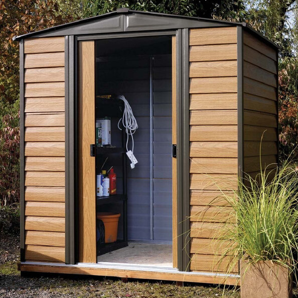 Watten Metal Garden Shed With Assembly In Oak And Black 6x5
