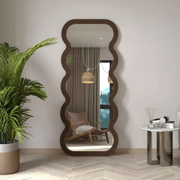 Wave Glass Cheval Mirror with Brown Wooden Frame