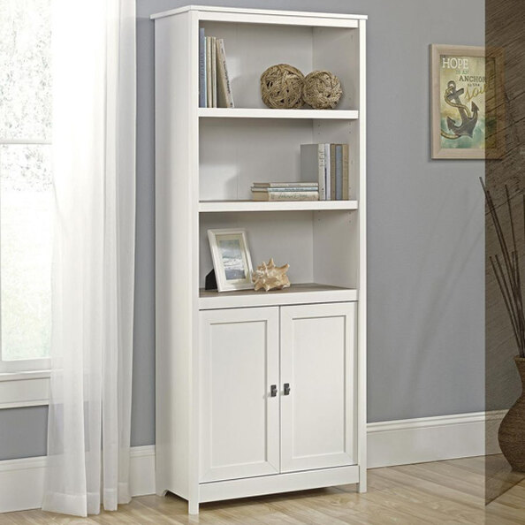 Saginaw Wooden Bookcase With 2 Doors In Soft White And Lintel Oak
