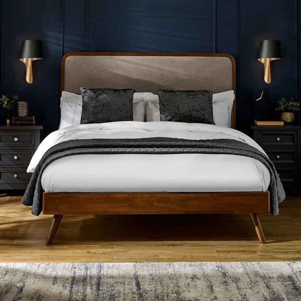Westoria Wooden King Size Bed with Chenille Headboard in Brown