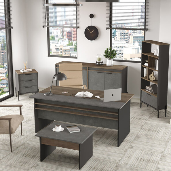 Windsor Wooden Executive Office Furniture Set with Bookcase in Brown Silver and Anthracite