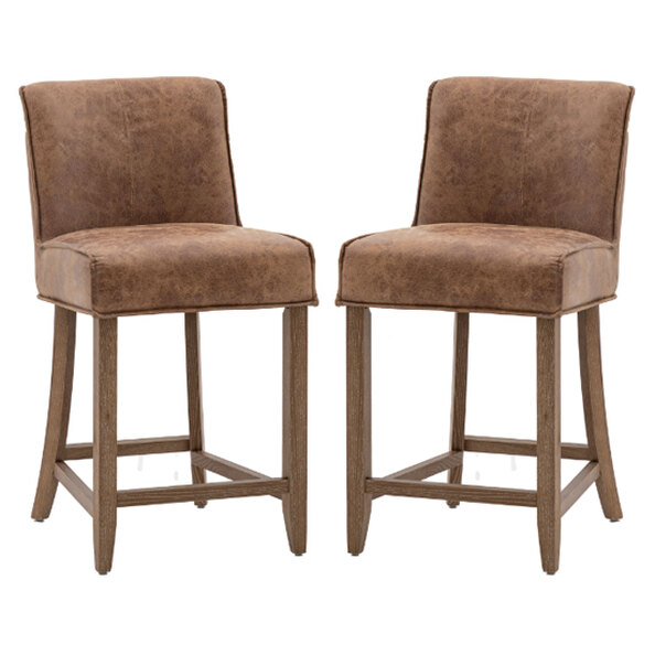 Worland Brown Leather Bar Chairs With Wooden Legs In Pair