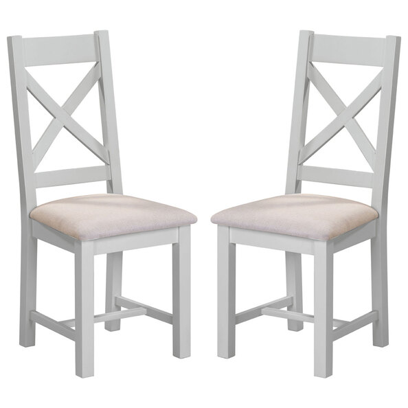 Wrenley Pebble Grey Wooden Dining Chairs with Oat Fabric Seat in Pair