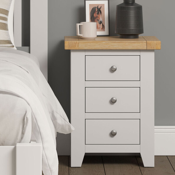 Wrenley Wooden Bedside Cabinet with 3 Drawers in Ivory and Oak