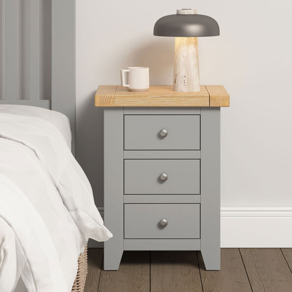Wrenley Wooden Bedside Cabinet with 3 Drawers in Pebble Grey and Oak
