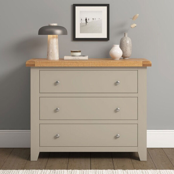 Wrenley Wooden Chest Of 3 Drawers in Putty and Oak