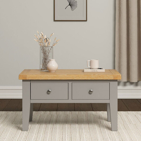 Wrenley Wooden Coffee Table with 2 Drawers in Pebble Grey and Oak