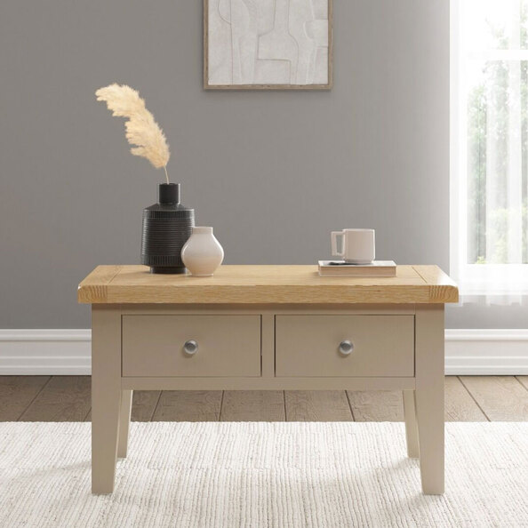 Wrenley Wooden Coffee Table with 2 Drawers in Putty and Oak