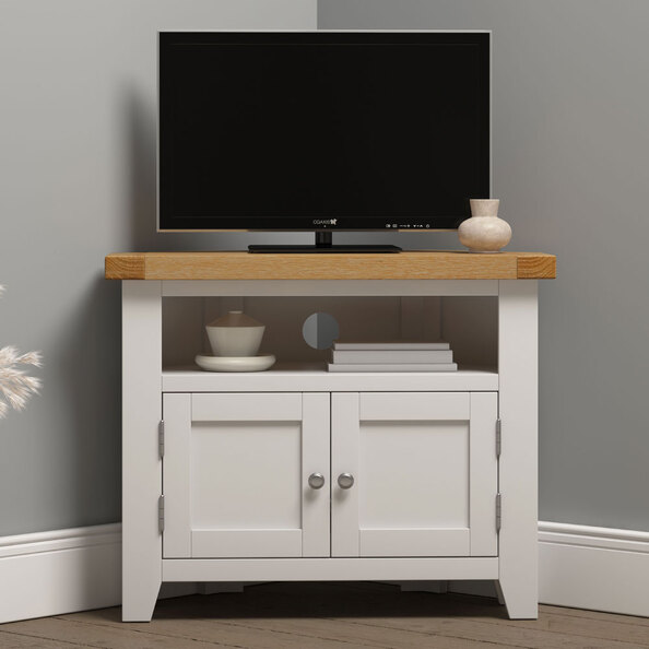 Wrenley Wooden Corner TV Stand in Ivory and Oak