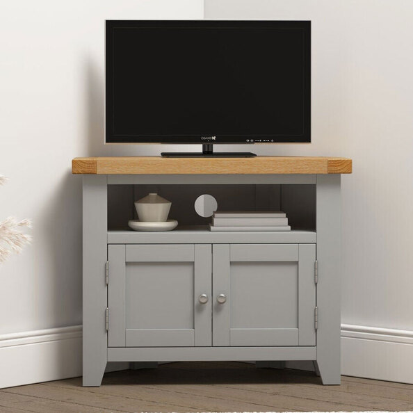 Wrenley Wooden Corner TV Stand in Pebble Grey and Oak