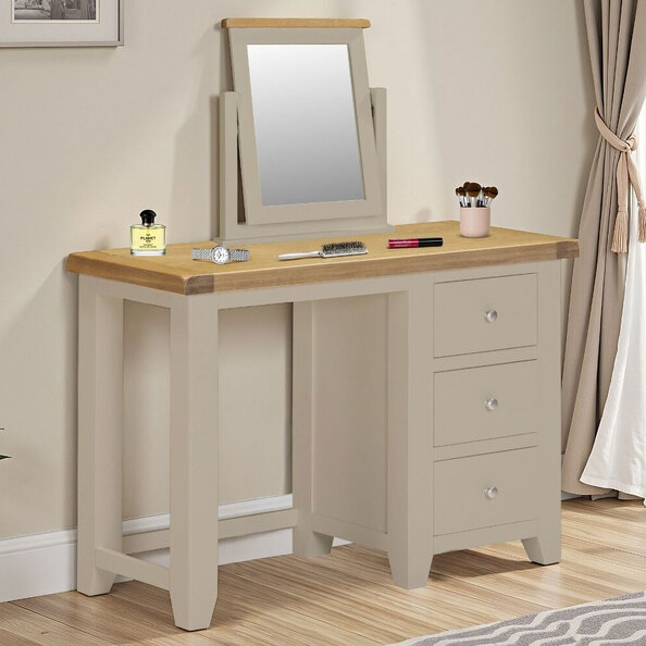 Wrenley Wooden Dressing Table with Mirror in Putty and Oak