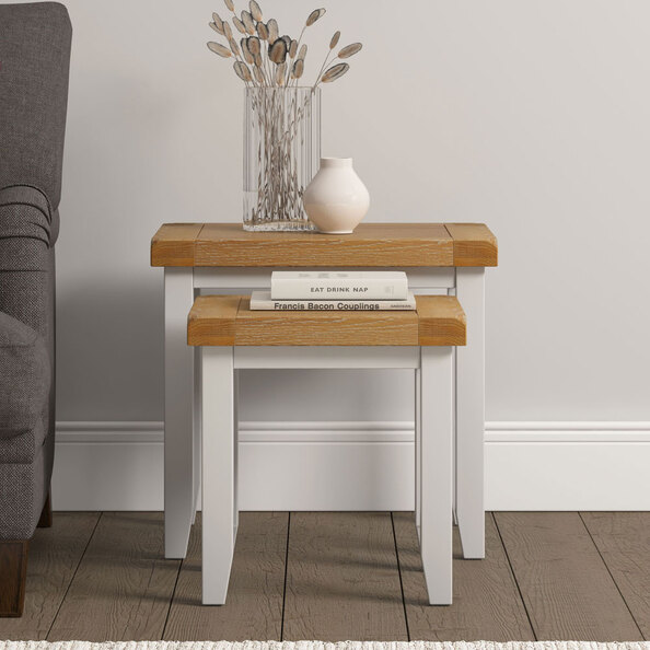 Wrenley Wooden Nest Of 2 Tables in Ivory and Oak