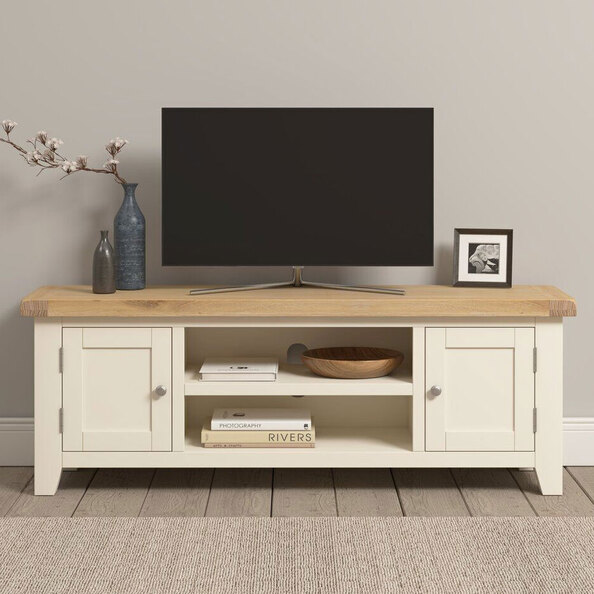 Wrenley Wooden TV Stand with 2 Doors in Ivory and Oak