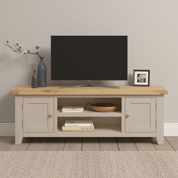 Wrenley Wooden TV Stand with 2 Doors in Putty and Oak