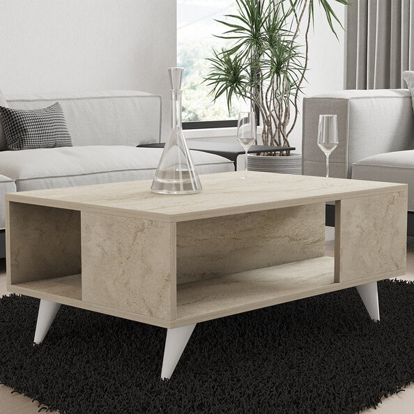 Yuka Wooden Coffee Table in Travertine Marble Effect