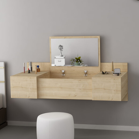 Zakkum Wooden Wall Mounted Dressing Table with Mirror in Sapphire Oak