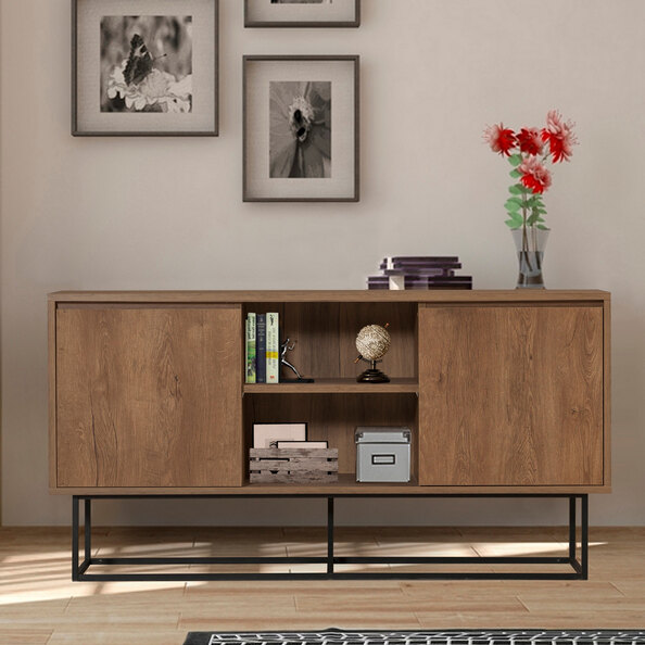 Zela Wooden Console Table with 2 Doors in Walnut and Black