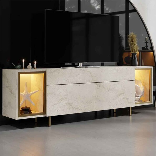 Zenith Wooden LED TV Stand with 2 Doors in Travertine Marble Effect and Gold
