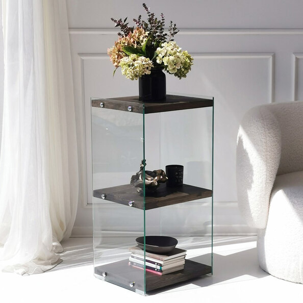 Zerano Tempered Glass Frame Bookcase With 3 Solid Wood Anthracite Shelves