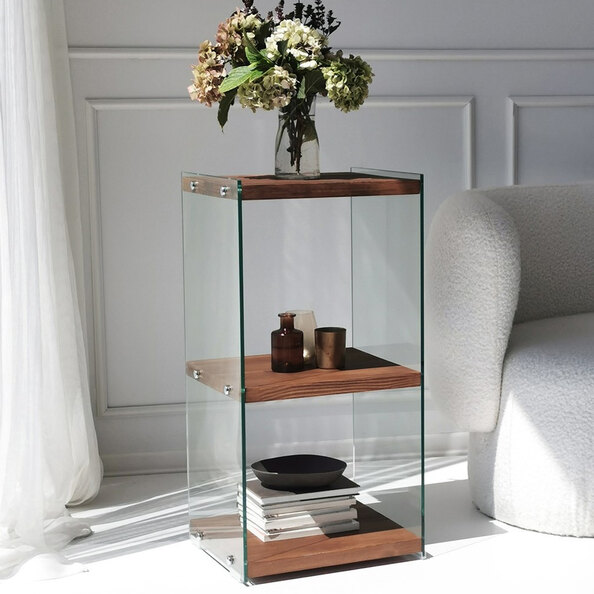 Zerano Tempered Glass Frame Bookcase With 3 Solid Wood Natural Shelves