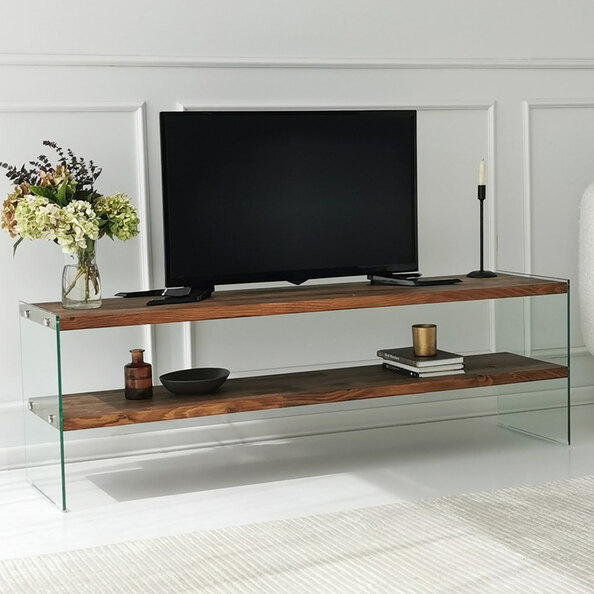 Zerano Tempered Glass Frame TV Stand With 2 Solid Wood Natural Shelves