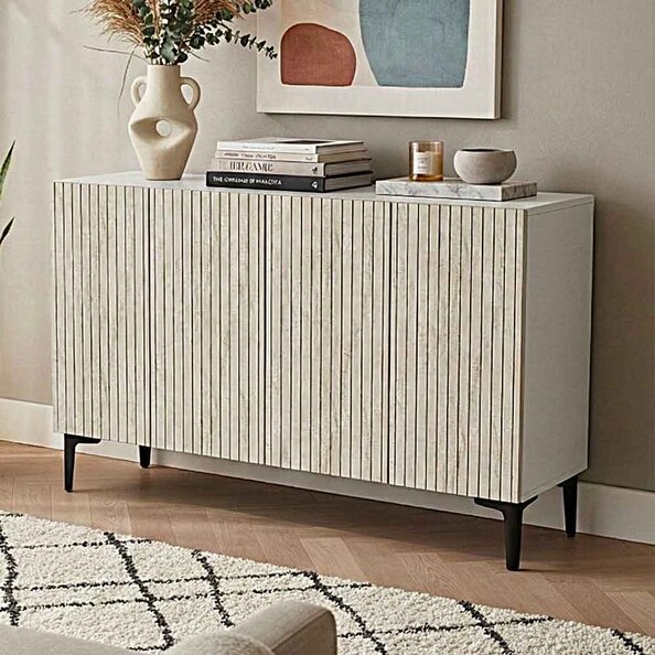 Zeynep Wooden Sideboard with 4 Doors in White and Travertine Marble Effect