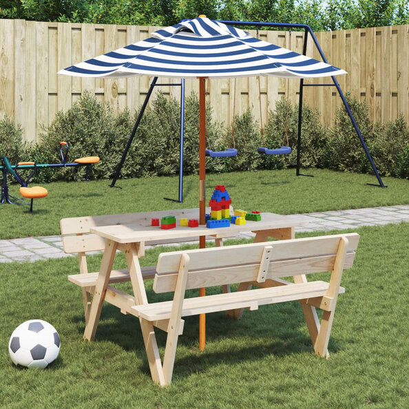 Zivelo Outdoor Solid Wood Picnic Table Set with Blue Umbrella in Natural
