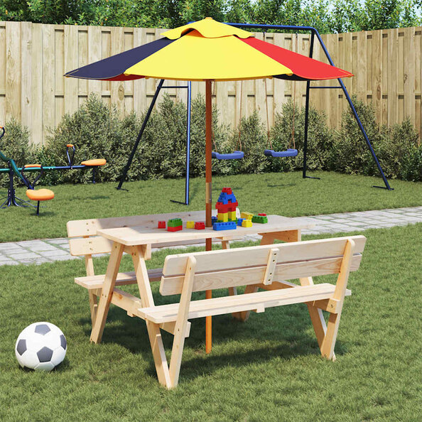 Zivelo Outdoor Solid Wood Picnic Table Set with Multicolour Umbrella in Natural