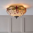Dragonfly Tiffany Glass Shade Flush Ceiling Light In Dark Bronze