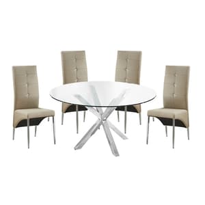 Crossley Round Glass Dining Table With 4 Vesta Taupe Chairs