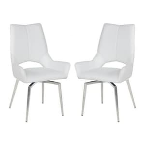 Scissett Swivel White Faux Leather Dining Chairs In Pair