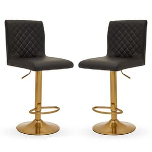Baino Black Leather Bar Chairs With Round Gold Base In A Pair