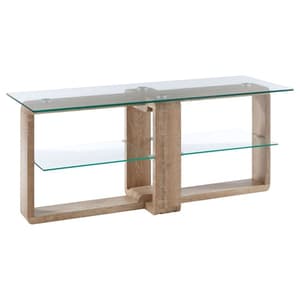 Alfratos Clear Glass Top TV Stand With Natural Wooden Base