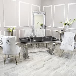 Alto Black Glass Dining Table With 8 Dessel Light Grey Chairs