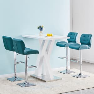 Axara White High Gloss Bar Table With 4 Candid Teal Stools