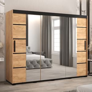 Beilla VI Mirrored Wardrobe 2 Sliding Doors 250cm In Golden Oak
