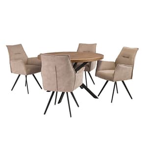 Cadott Wooden Dining Table Round With 4 Reston Oyster Chairs