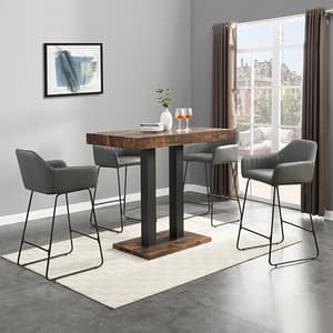 Caprice Rustic Oak Wooden Bar Table With 4 Brooks Grey Stools