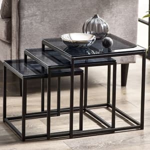 Casper Smoked Glass Nest Of 3 Tables With Black Metal Frame