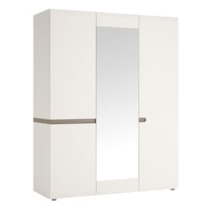 Cheya Mirrored 3 Doors Gloss Wardrobe In White And Truffle Oak