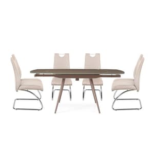 Cortina Extendable Glass Dining Table In Taupe 4 Champagne Chair