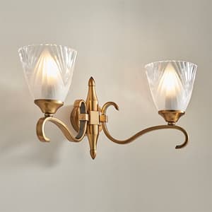 Cua Twin Wall Light In Antique Brass With Deco Glass