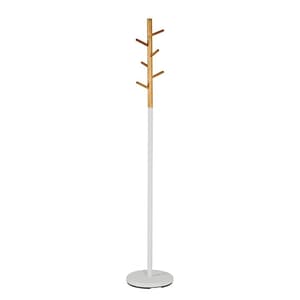 Denis Wooden 6 Hooks Coat Stand In Natural With White Stand