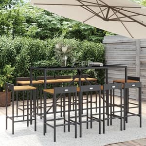 Denji Solid Wood 11 Piece Garden Bar Set In Black Poly Rattan