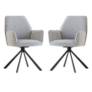 Harris Swivel Grey Boucle Fabric Dining Chairs In Pair