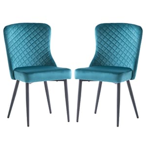 Helmi Peacock Velvet Dining Chairs With Black Legs In Pair