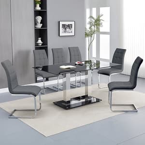 Jet Large Black Glass Dining Table With 6 Paris Grey Chairs