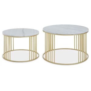 Judie Marble Top Set Of 2 Side Tables With Gold Metal Base