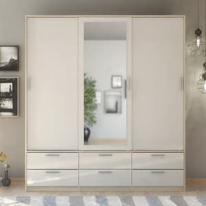 Liston Mirrored Sliding Doors Wardrobe In Oak And White Gloss