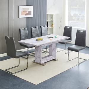 Lorence Extending Grey Dining Table With 6 Petra Grey Chairs